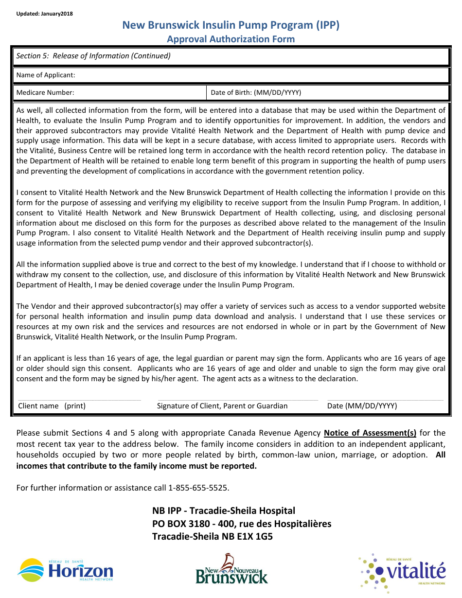 New Brunswick Insulin Pump Program (Ipp) Approval Authorization Form - New Brunswick, Canada, Page 6