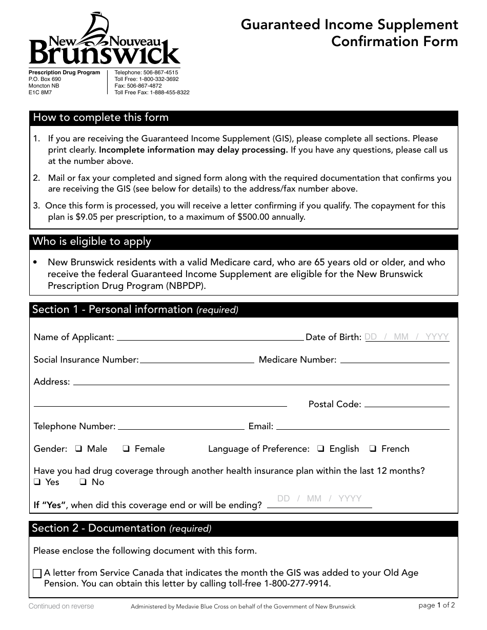 Form 892E Guaranteed Income Supplement Confirmation Form - New Brunswick, Canada, Page 1