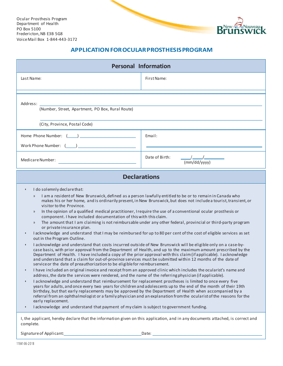 Application for Ocular Prosthesis Program - New Brunswick, Canada, Page 1