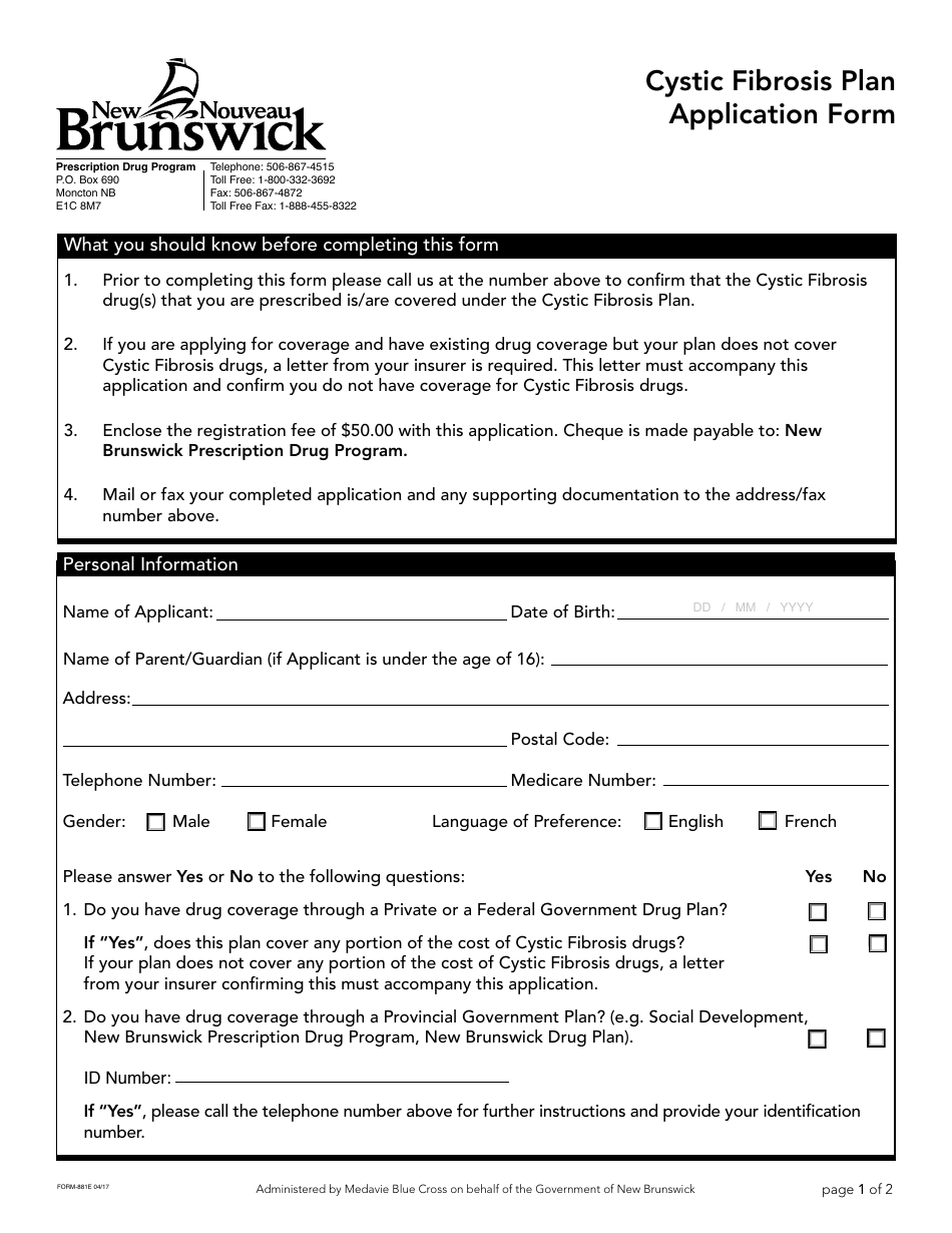 Form 881E Cystic Fibrosis Plan Application Form - New Brunswick, Canada, Page 1