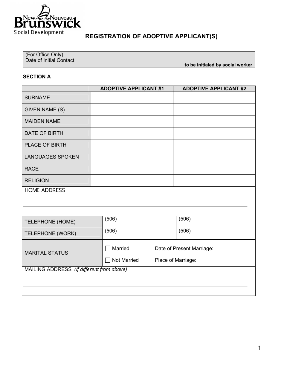Registration of Adoptive Applicant(S) - New Brunswick, Canada, Page 1