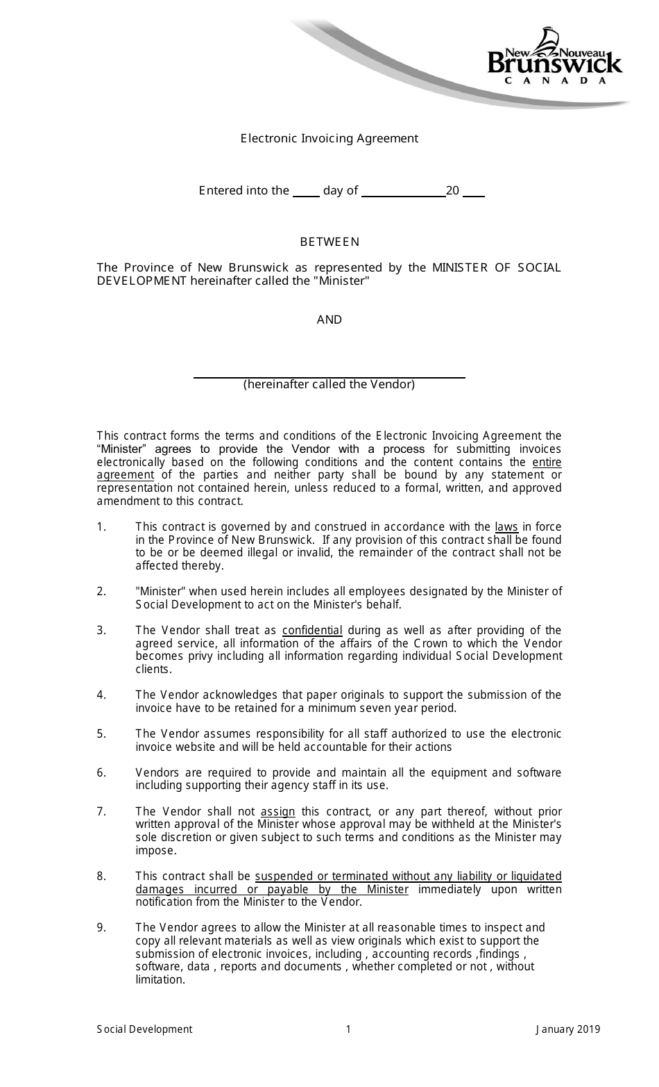 Electronic Invoicing Agreement - New Brunswick, Canada, Page 1