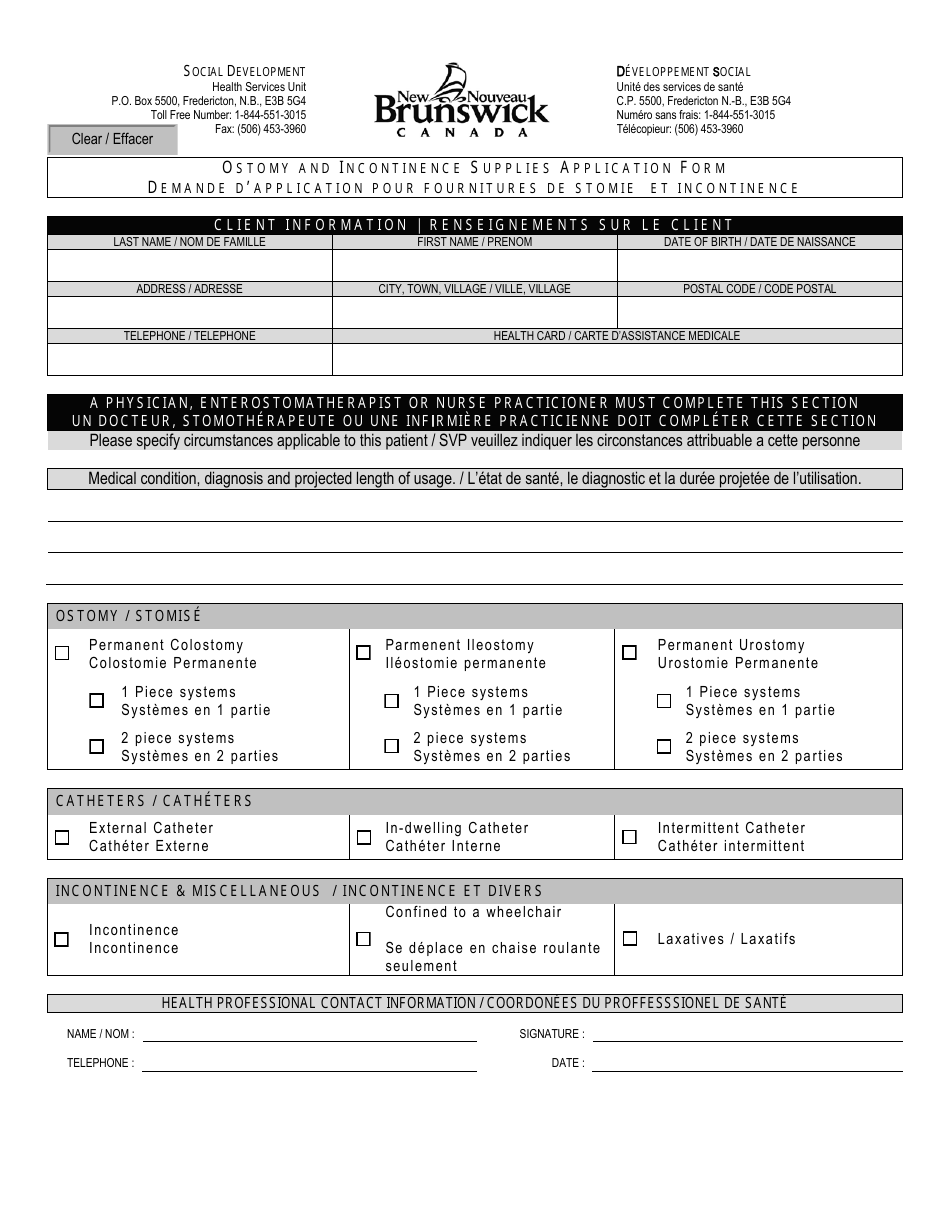 Ostomy and Incontinence Supplies Application Form - New Brunswick, Canada (English / French), Page 1