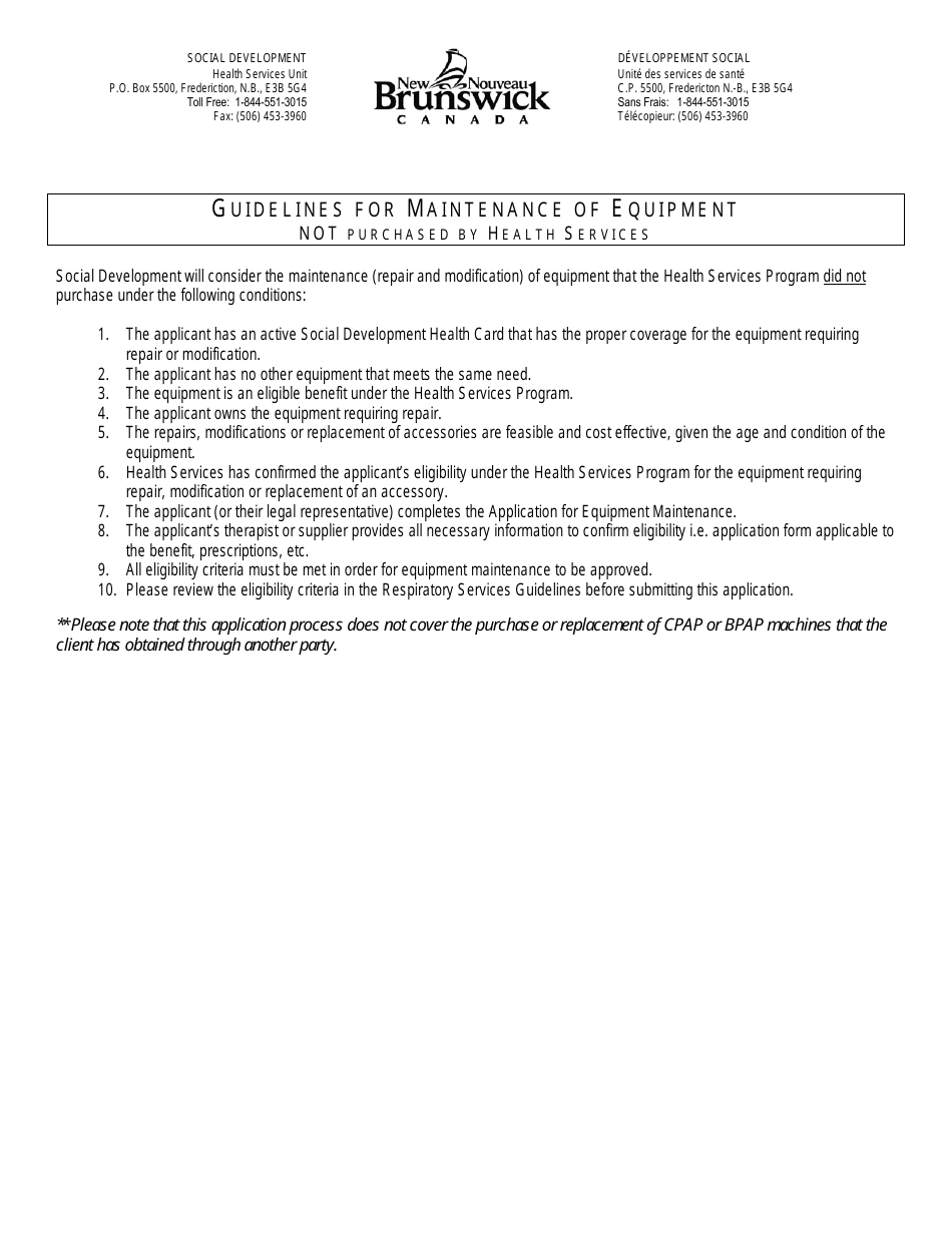 Application for Equipment Maintenance - New Brunswick, Canada, Page 1