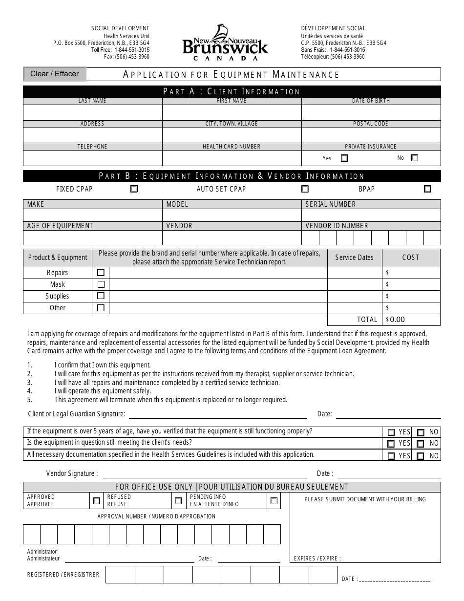 Application for Equipment Maintenance - New Brunswick, Canada, Page 2