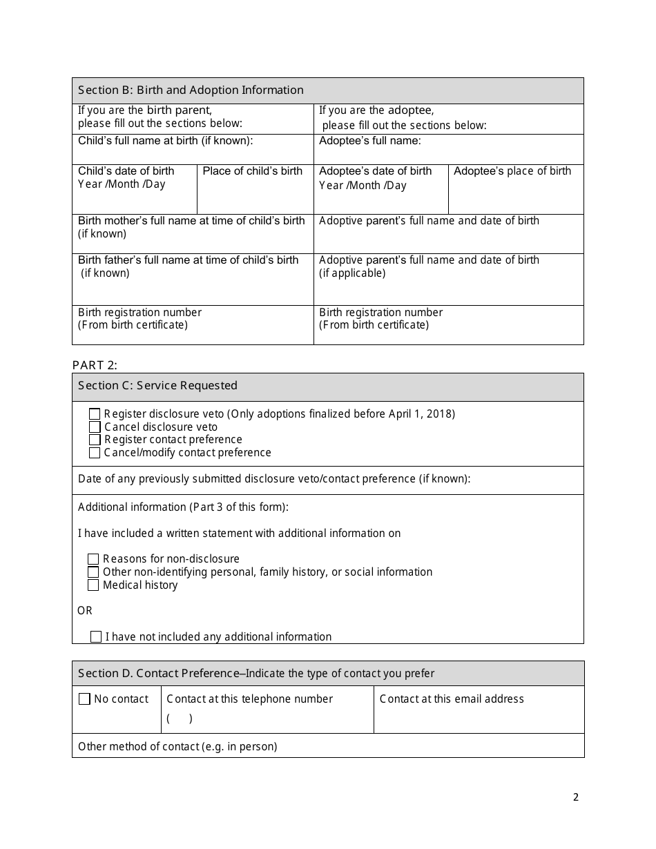 Application to Register / Modify / Cancel a Disclosure Veto or Contact Preference  Written Statement - New Brunswick, Canada, Page 2