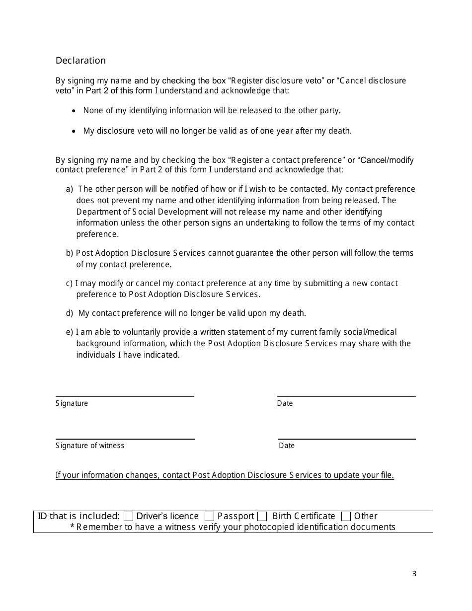 Application to Register / Modify / Cancel a Disclosure Veto or Contact Preference  Written Statement - New Brunswick, Canada, Page 3