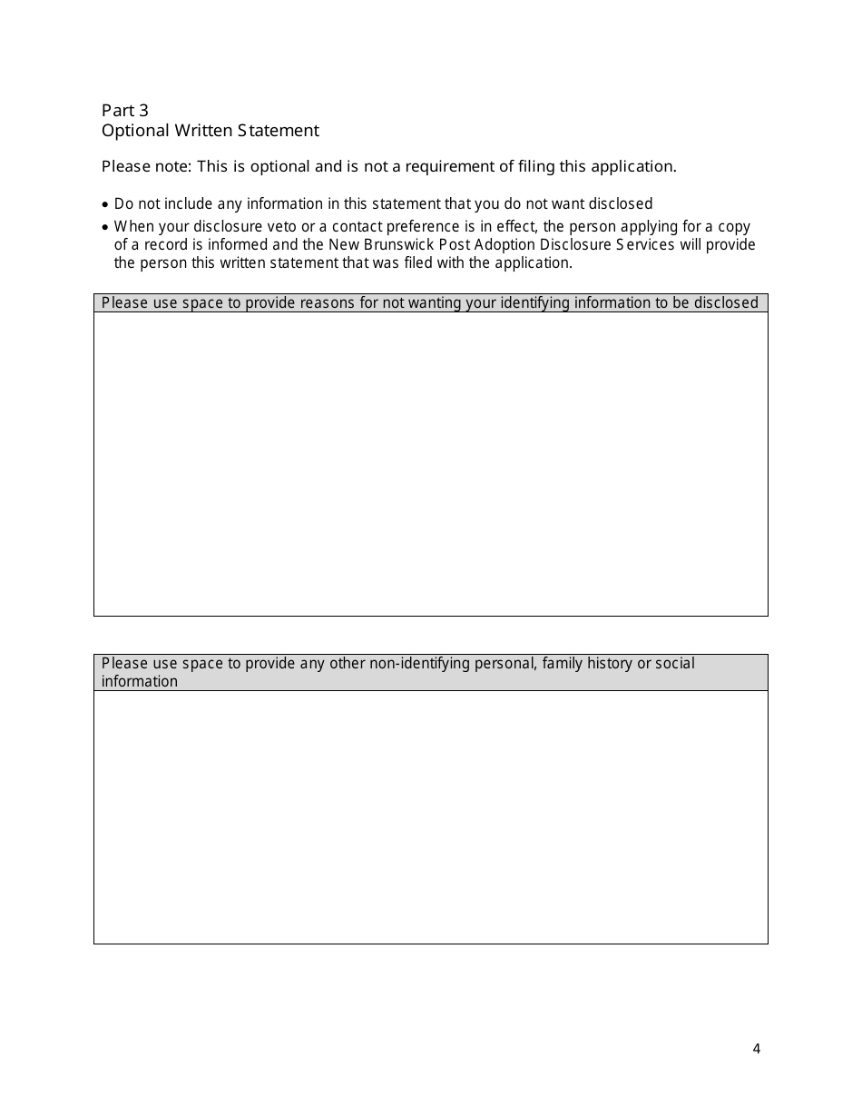Application to Register / Modify / Cancel a Disclosure Veto or Contact Preference  Written Statement - New Brunswick, Canada, Page 4