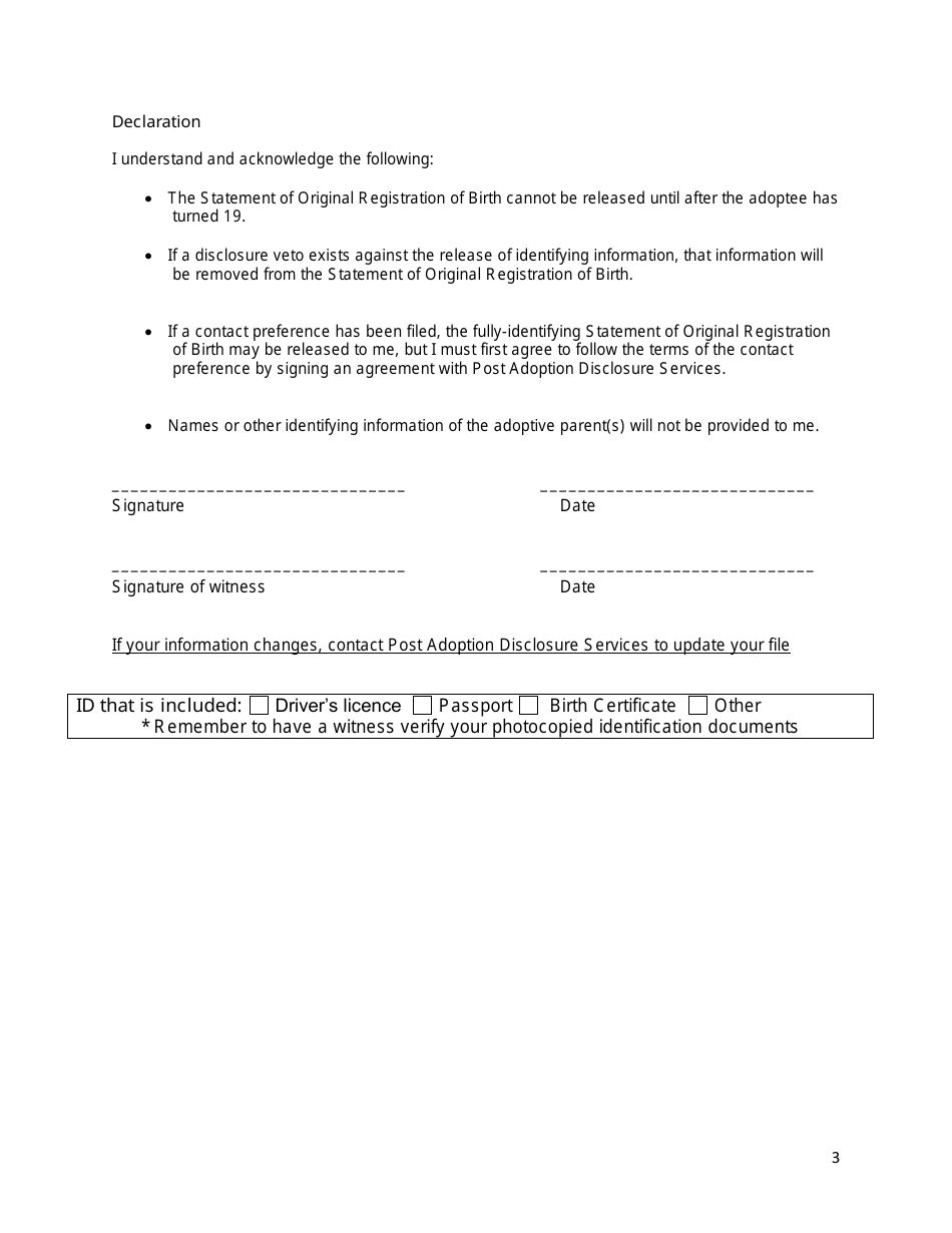 Application for Statement of Original Registration of Birth - New Brunswick, Canada, Page 3