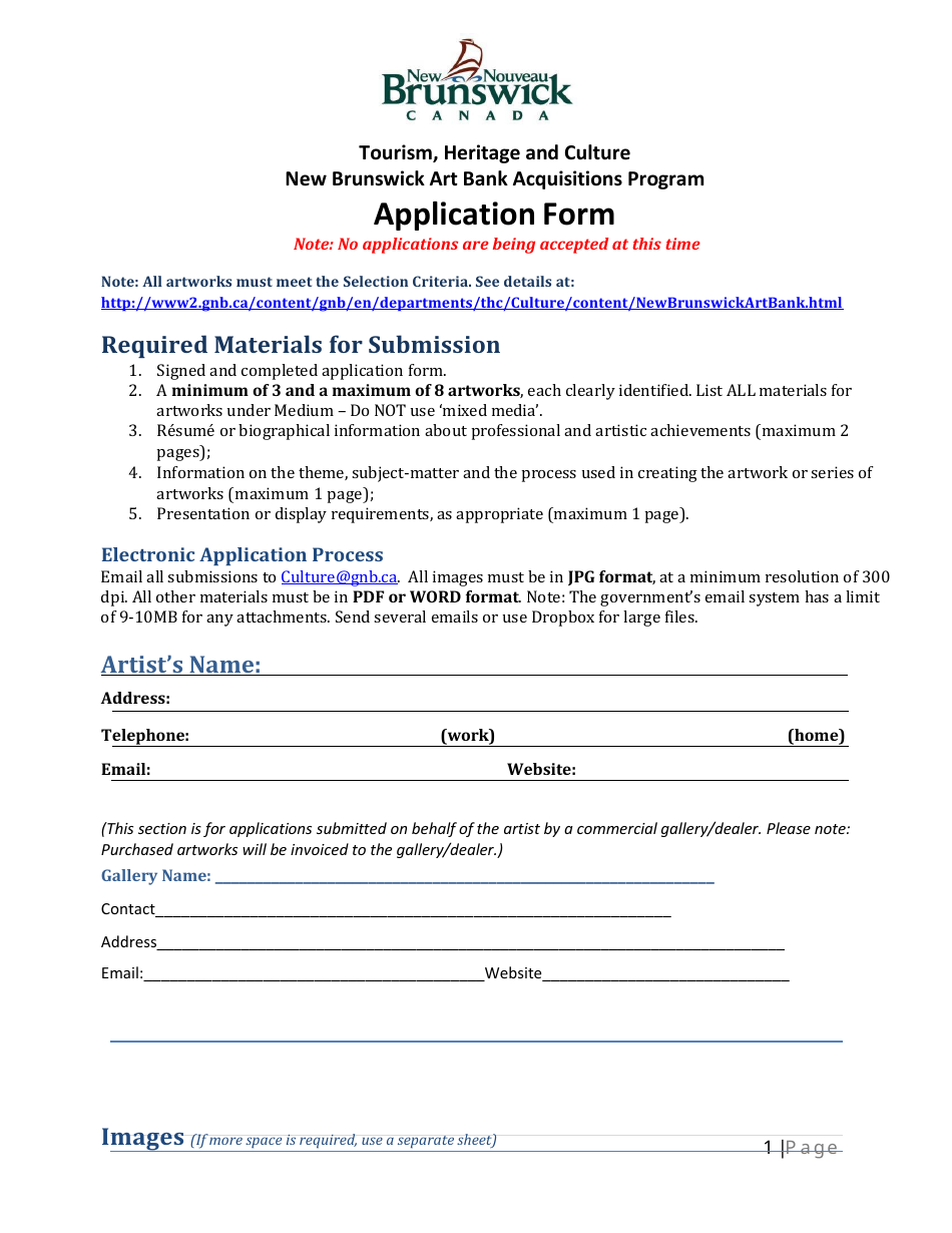New Brunswick Art Bank Acquisitions Program Application Form - New Brunswick, Canada, Page 1