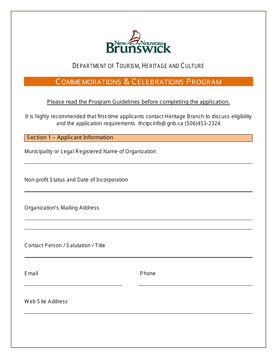 Commemorations  Celebrations Program Application - New Brunswick, Canada, Page 1