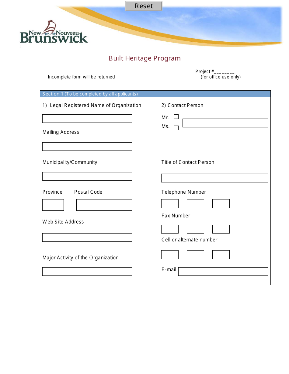 Built Heritage Program Application - New Brunswick, Canada, Page 1