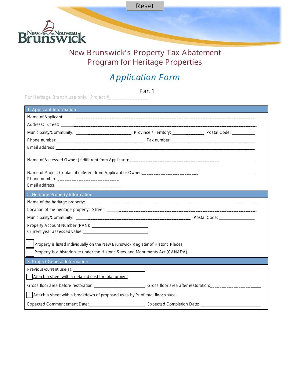 New Brunswicks Property Tax Abatement Program for Heritage Properties Application Form - New Brunswick, Canada, Page 1
