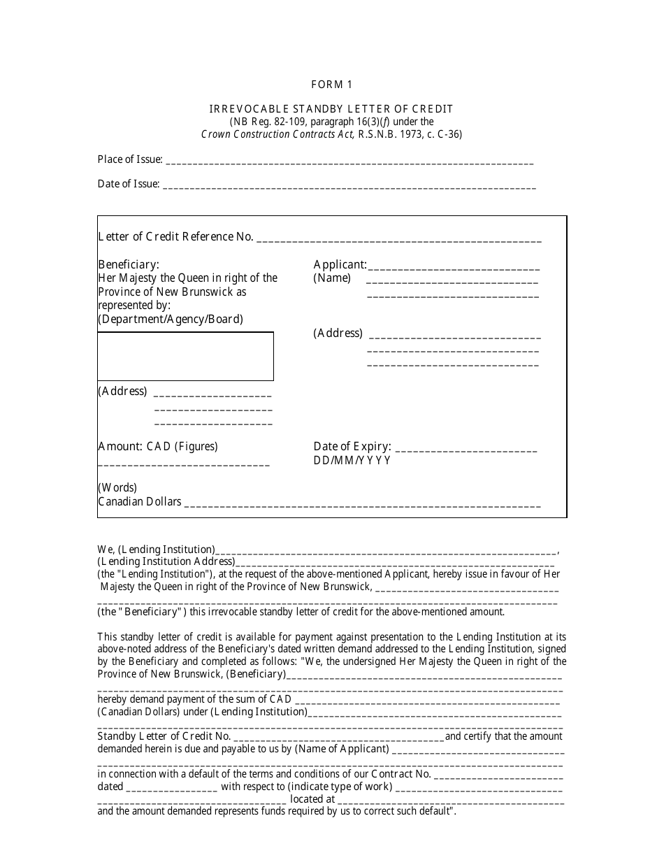 Form 1 Irrevocable Standby Letter of Credit - New Brunswick, Canada, Page 1