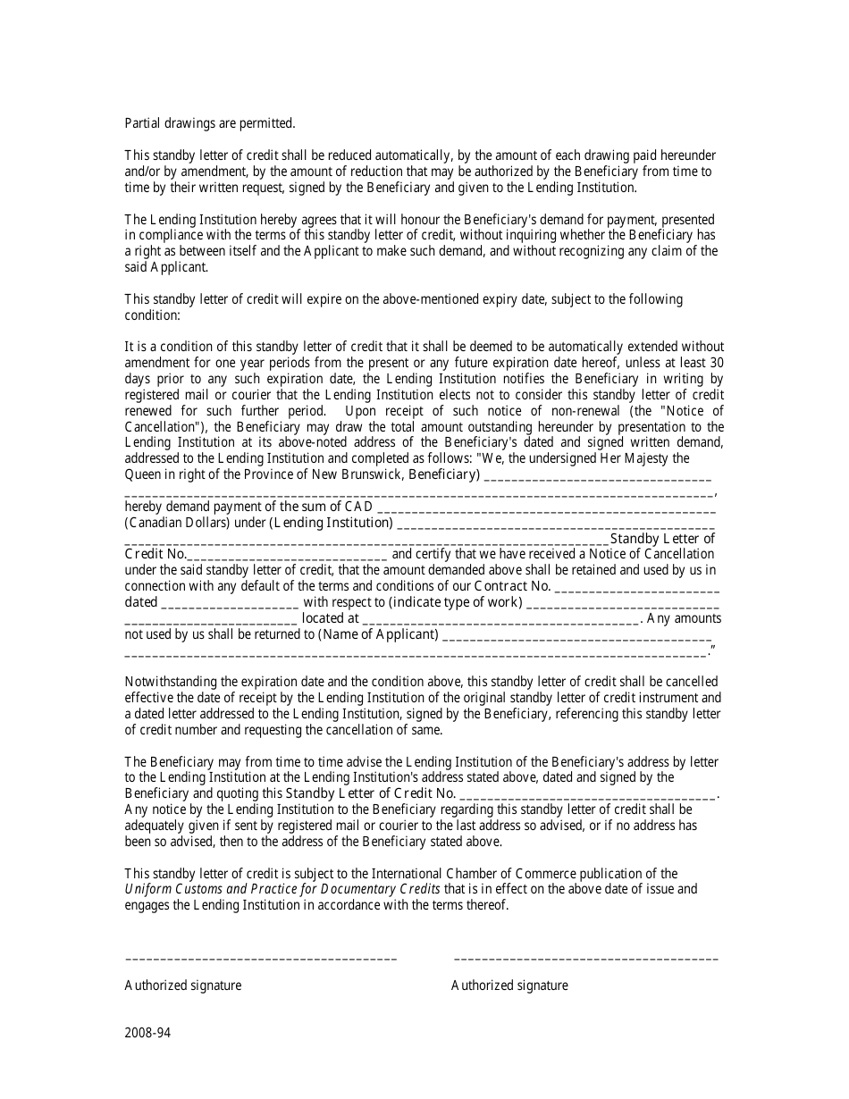 Form 1 Irrevocable Standby Letter of Credit - New Brunswick, Canada, Page 2
