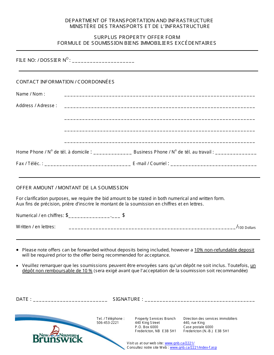 Surplus Property Offer Form - New Brunswick, Canada (English / French), Page 1