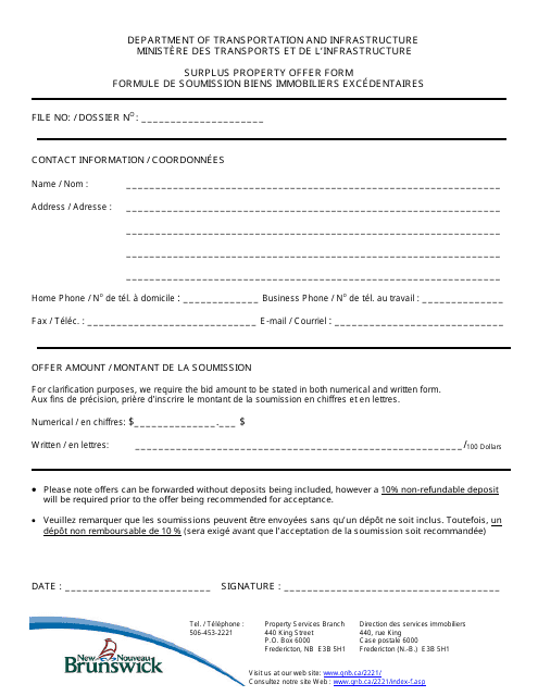 Surplus Property Offer Form - New Brunswick, Canada (English/French)