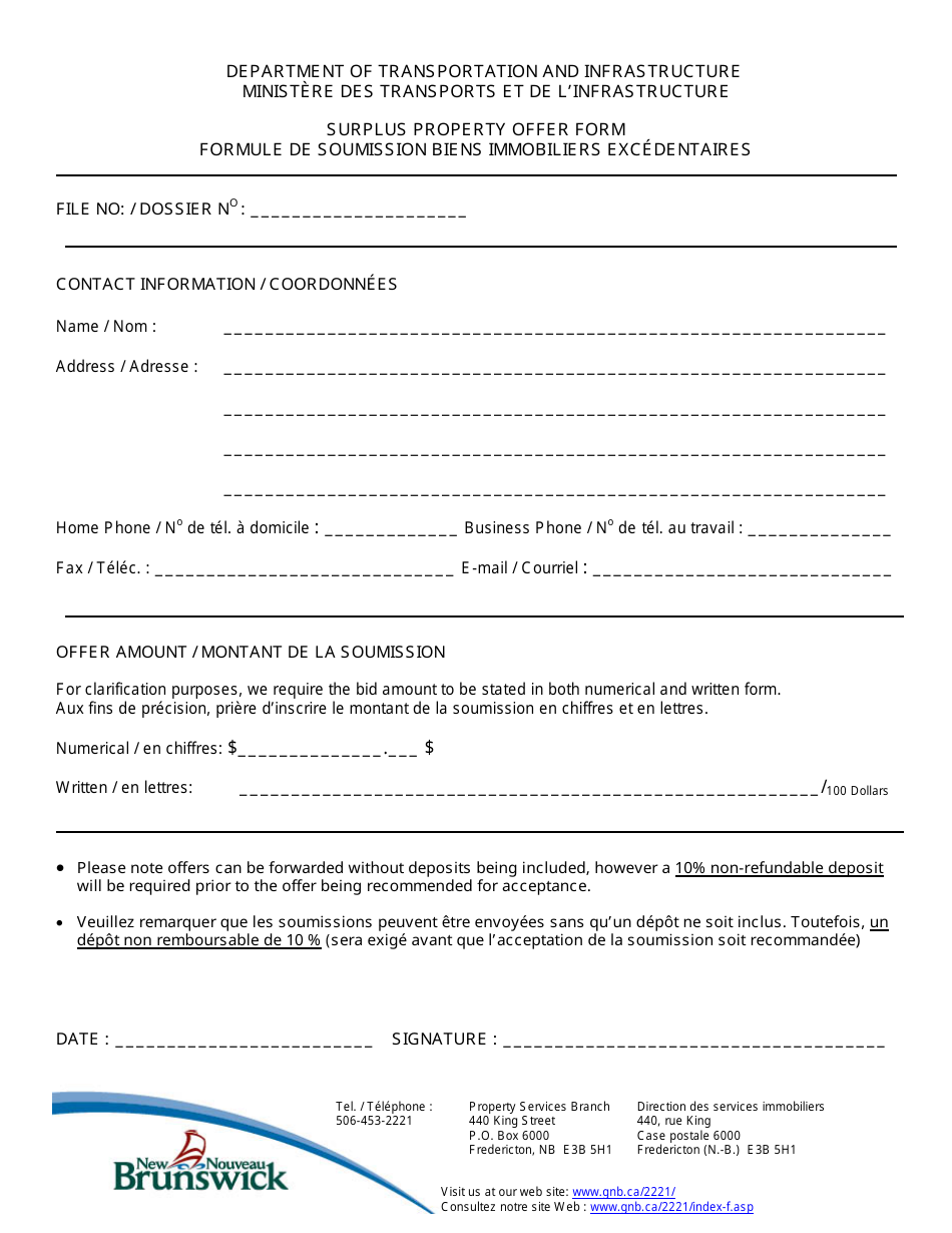 New Brunswick Canada Surplus Property Offer Form Fill Out, Sign