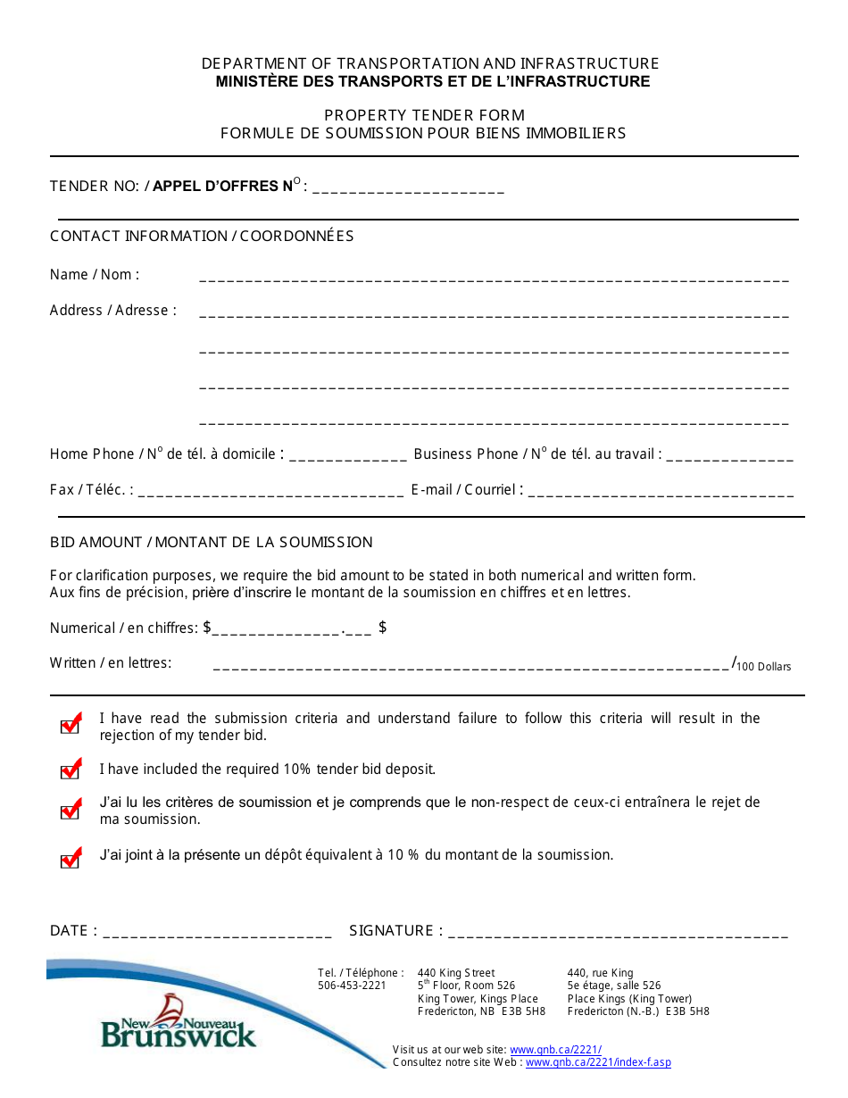 Property Tender Form - New Brunswick, Canada (English / French), Page 1