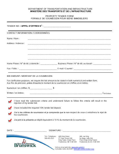 Property Tender Form - New Brunswick, Canada (English / French) Download Pdf