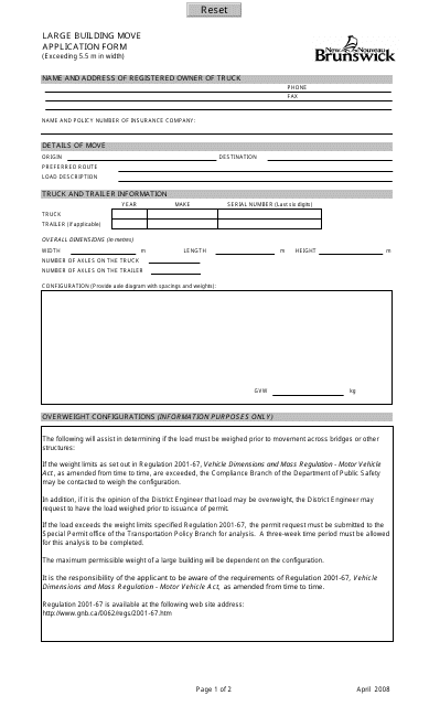 Large Building Move Application Form - New Brunswick, Canada Download Pdf
