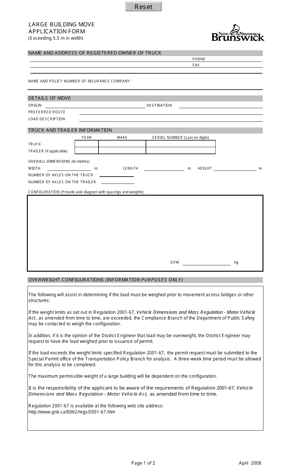 Large Building Move Application Form - New Brunswick, Canada, Page 1