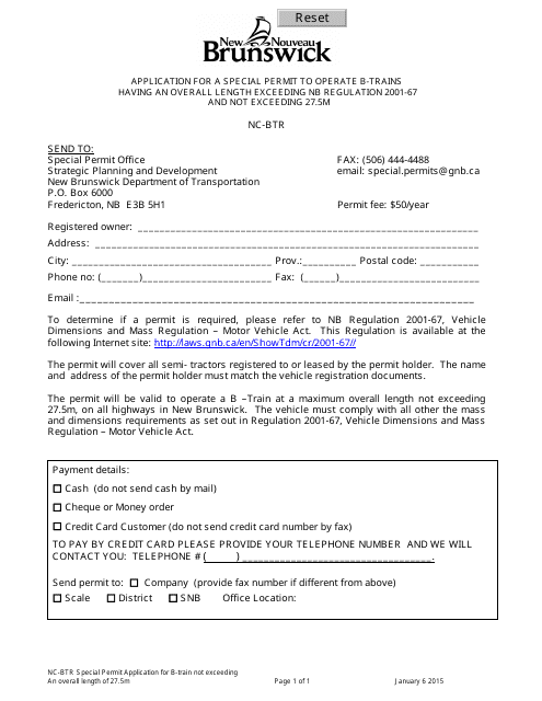 Application for a Special Permit to Operate B-Trains Having an Overall Length Exceeding Nb Regulation 2001-67 and Not Exceeding 27.5m - New Brunswick, Canada Download Pdf