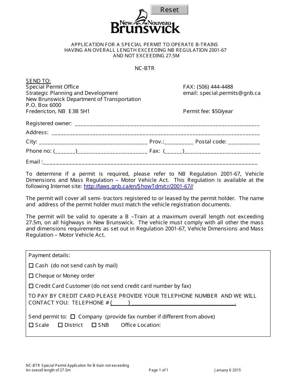 Application for a Special Permit to Operate B-Trains Having an Overall Length Exceeding Nb Regulation 2001-67 and Not Exceeding 27.5m - New Brunswick, Canada, Page 1