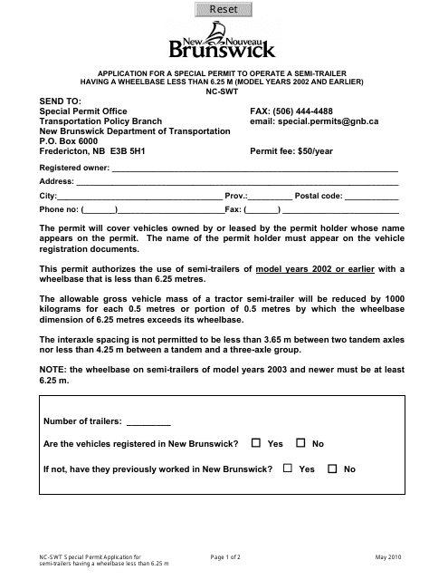&quot;Application for a Special Permit to Operate a Semi-trailer Having a Wheelbase Less Than 6.25 M (Model Years 2002 and Earlier)&quot; - New Brunswick, Canada Download Pdf