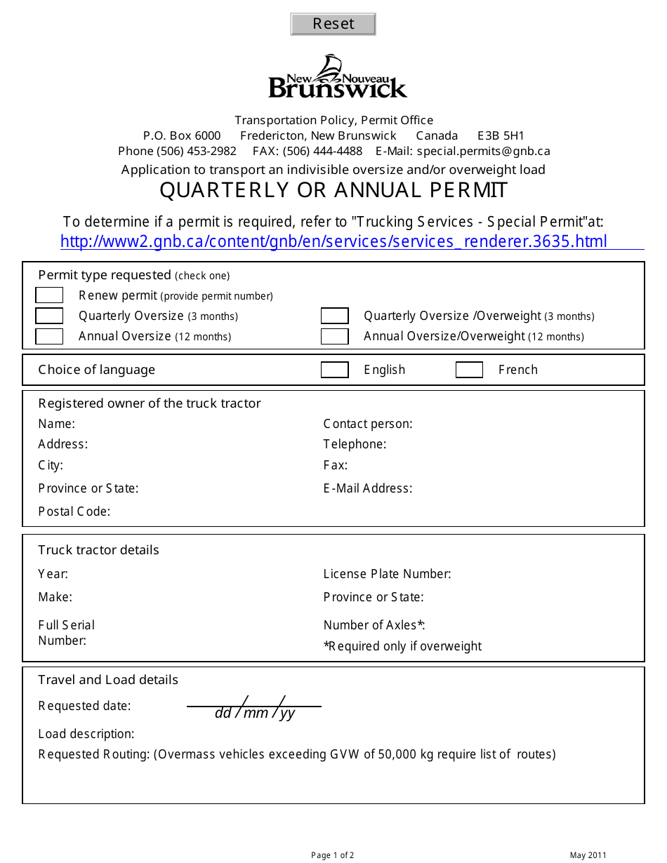 Quarterly or Annual Permit - New Brunswick, Canada, Page 1