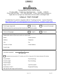 Document preview: Single Trip Permit - New Brunswick, Canada