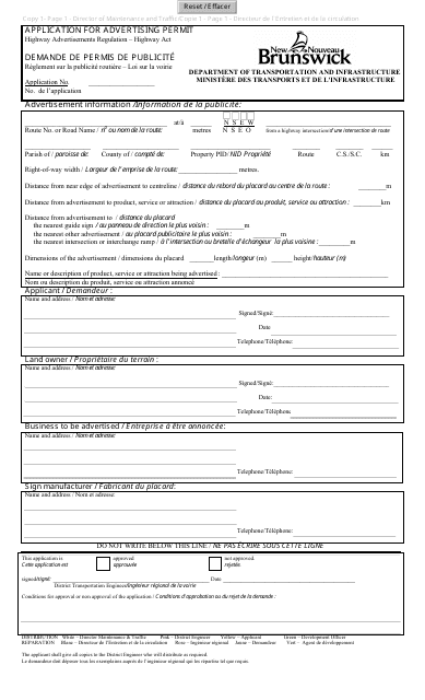 Application for Advertising Permit - New Brunswick, Canada (English / French) Download Pdf
