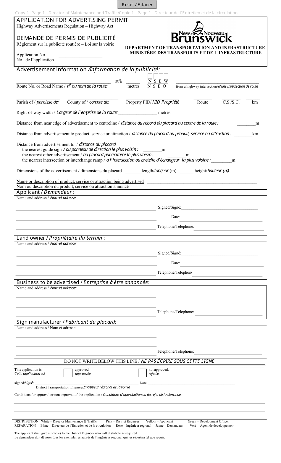 Application for Advertising Permit - New Brunswick, Canada (English / French), Page 1