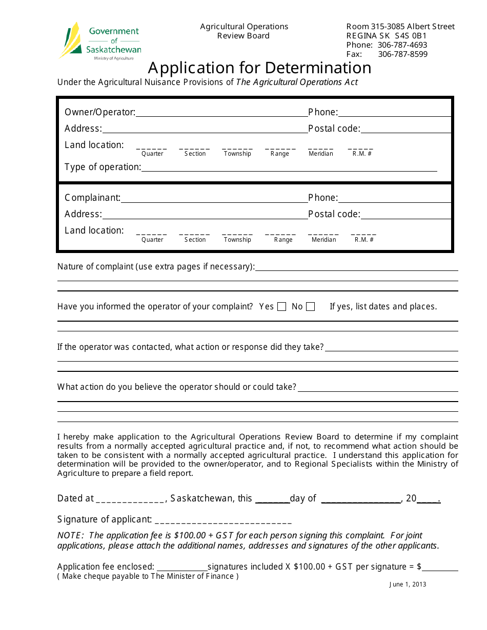 Application for Determination - Saskatchewan, Canada, Page 1