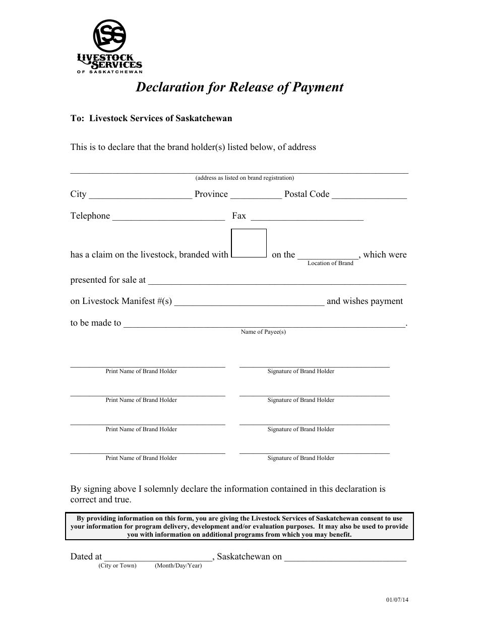 Declaration for Release of Payment - Saskatchewan, Canada, Page 1