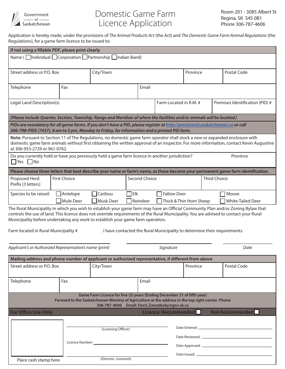 Domestic Game Farm Licence Application - Saskatchewan, Canada, Page 1