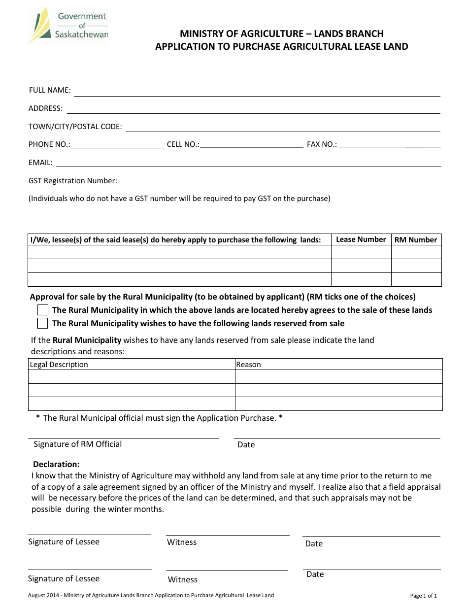 Application to Purchase Agricultural Lease Land - Saskatchewan, Canada, Page 1