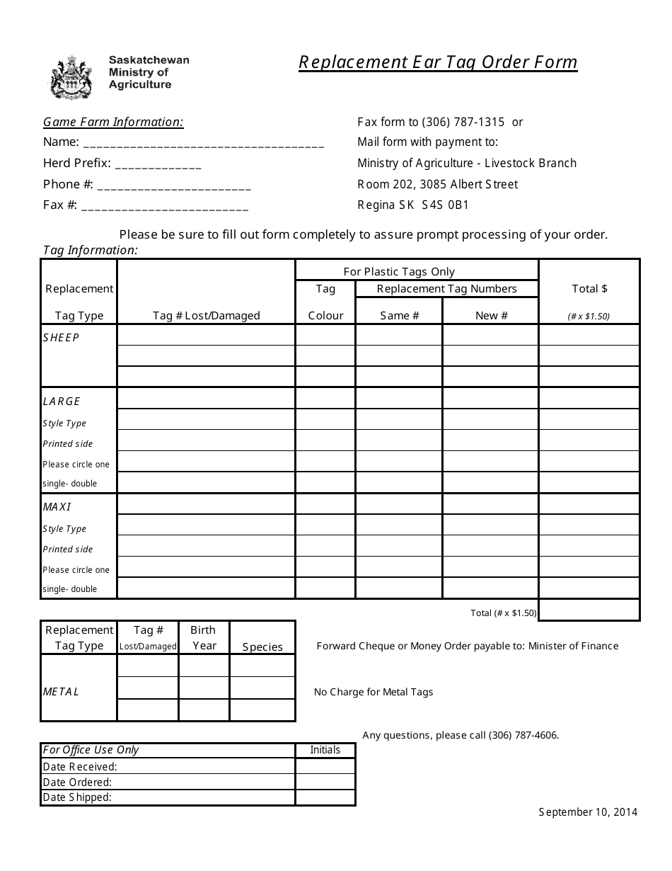 Replacement Ear Tag Order Form - Saskatchewan, Canada, Page 1