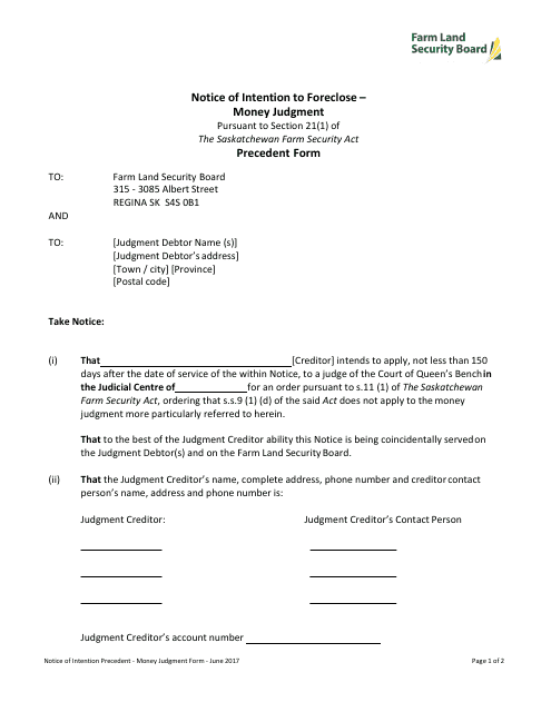 Notice of Intention to Foreclose - Money Judgment - Saskatchewan, Canada Download Pdf