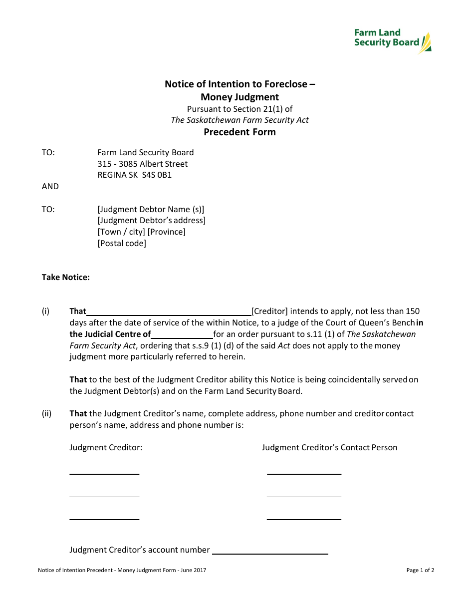 Notice of Intention to Foreclose - Money Judgment - Saskatchewan, Canada, Page 1