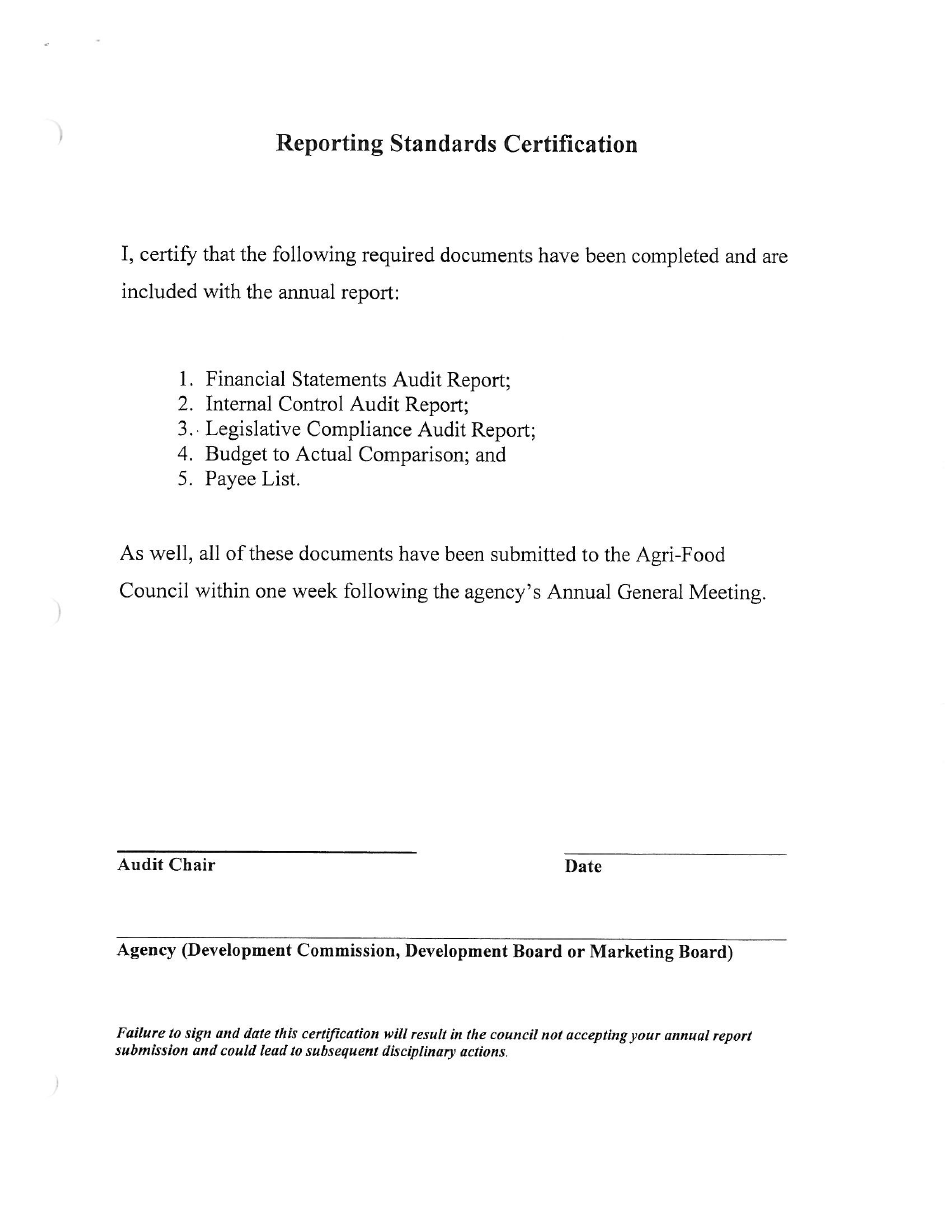 Reporting Standards Certification - Saskatchewan, Canada, Page 1