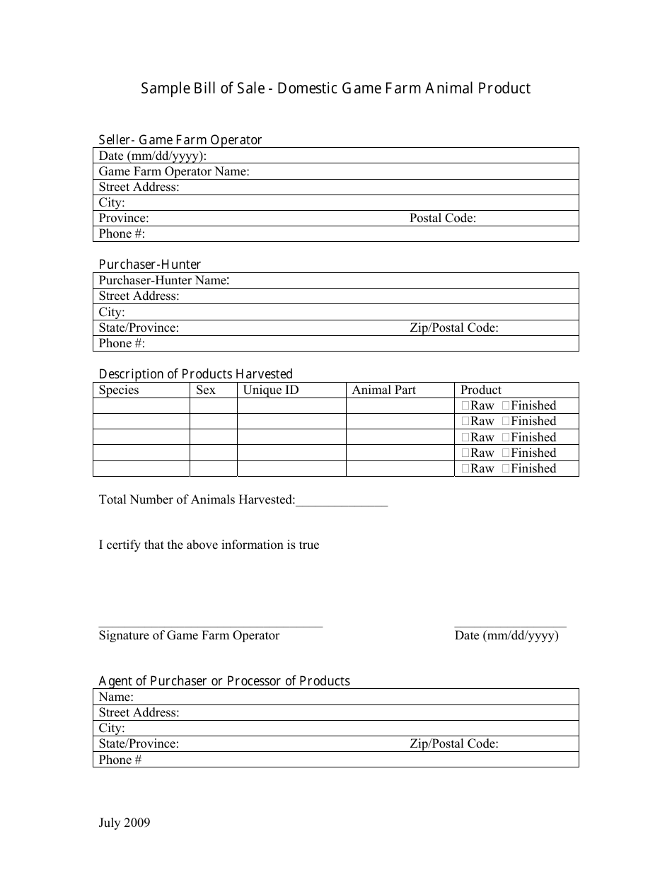 Sample Bill of Sale - Domestic Game Farm Animal Product - Saskatchewan, Canada, Page 1