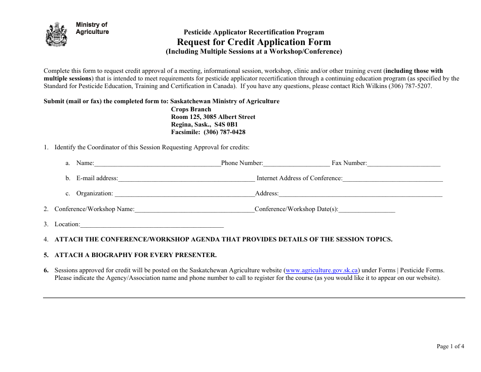 Pesticide Applicator Recertification Program Request for Credit Application Form - Saskatchewan, Canada, Page 1