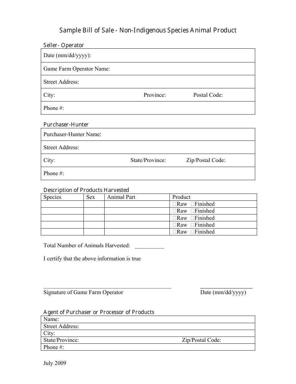 saskatchewan canada bill of sale non indigenous species animal