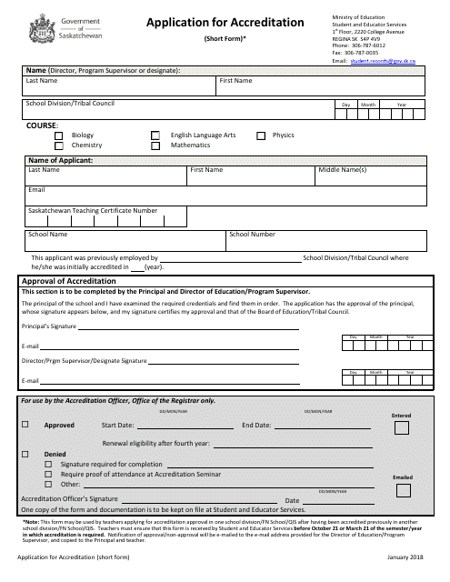 Application for Accreditation (Short Form) - Saskatchewan, Canada Download Pdf