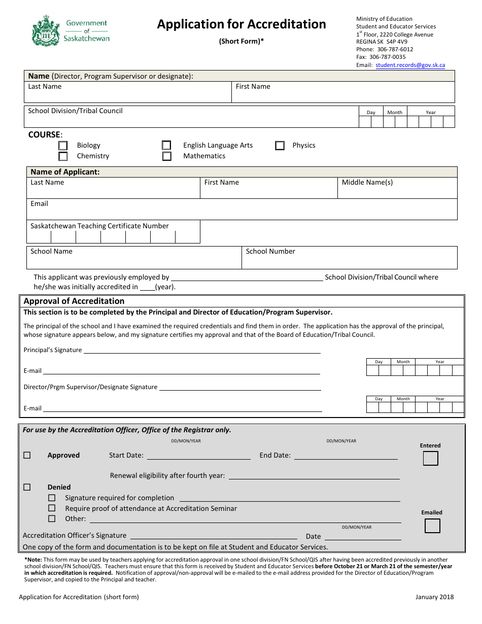 Application for Accreditation (Short Form) - Saskatchewan, Canada, Page 1