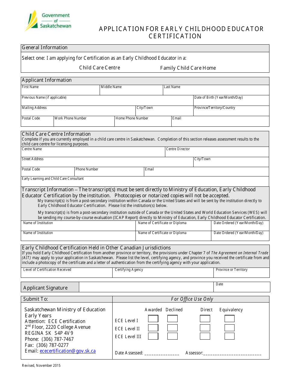 Application for Early Childhood Educator Certification - Saskatchewan, Canada, Page 1