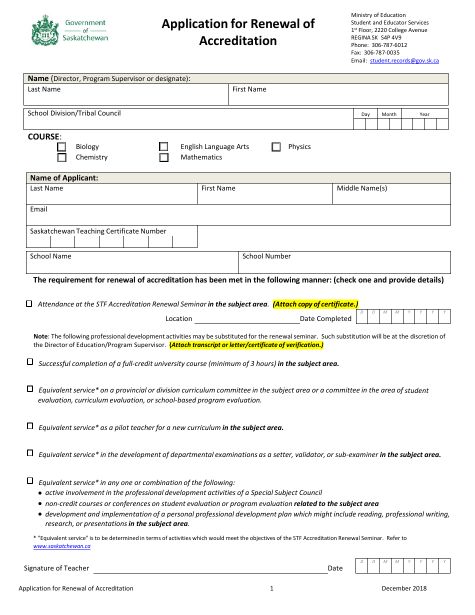 Application for Renewal of Accreditation - Saskatchewan, Canada, Page 1