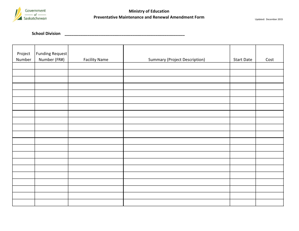 Preventative Maintenance and Renewal Amendment Form - Saskatchewan, Canada, Page 1