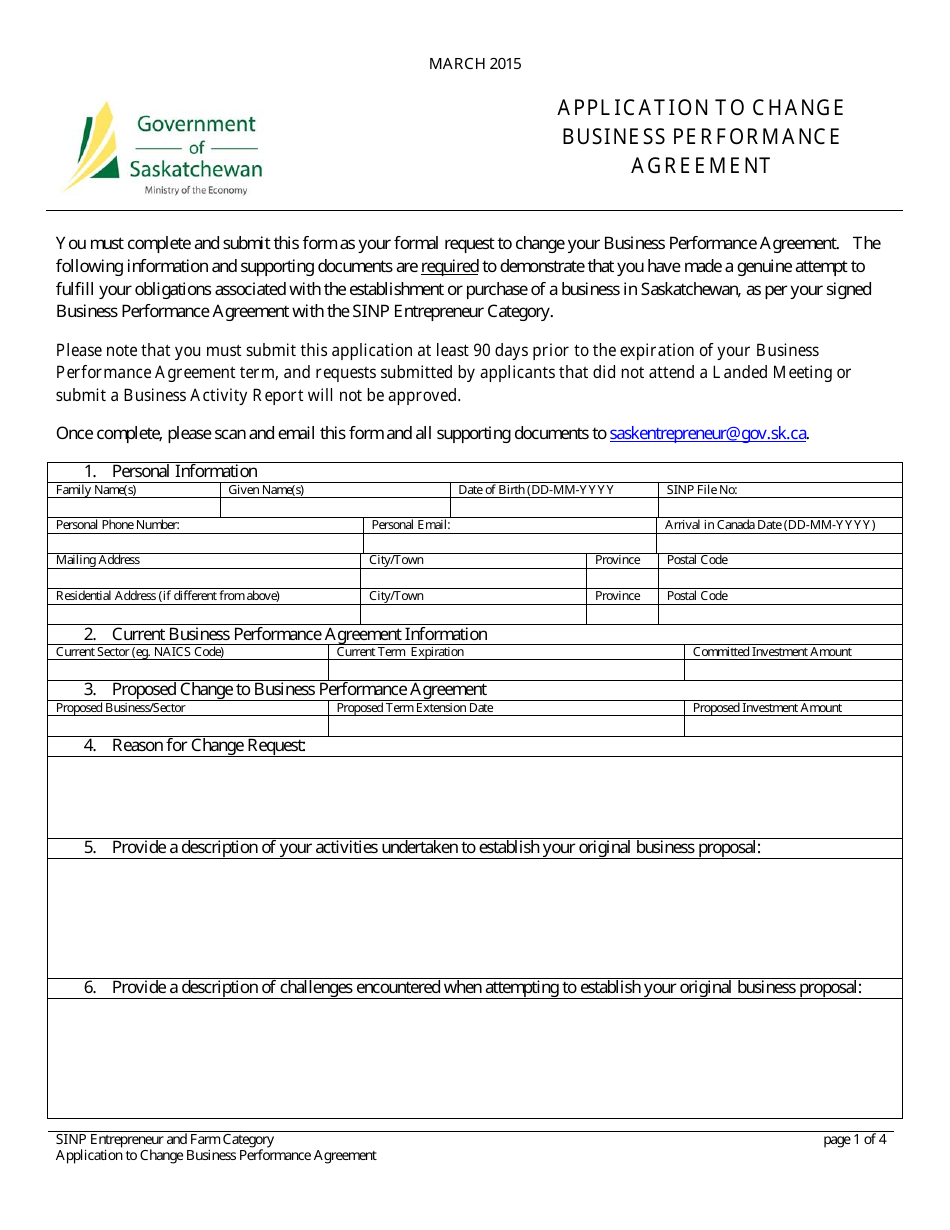 Application to Change Business Performance Agreement - Saskatchewan, Canada, Page 1